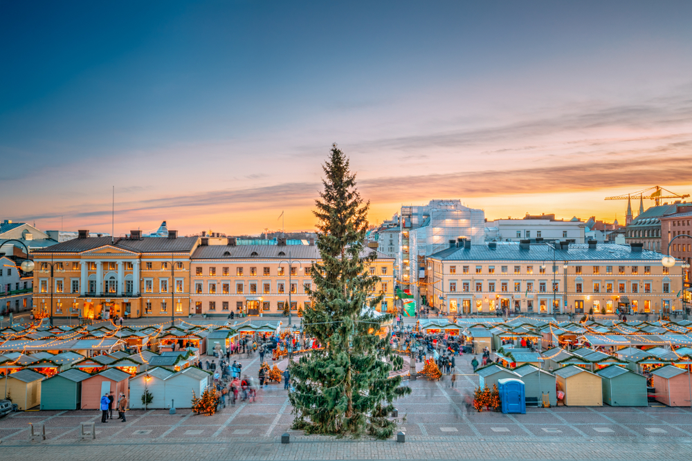 Helsinki Christmas Finland Festive colourful stalls and tree